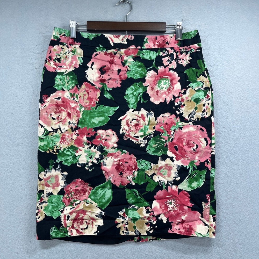 Talbots Pencil Skirt Womens 12 Black Floral Cotton Blend Knee Length Career